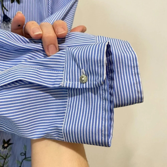 Zara Embroidered Floral Striped Blue and White Women's Button Dress Shirt Size M - Picture 4 of 16